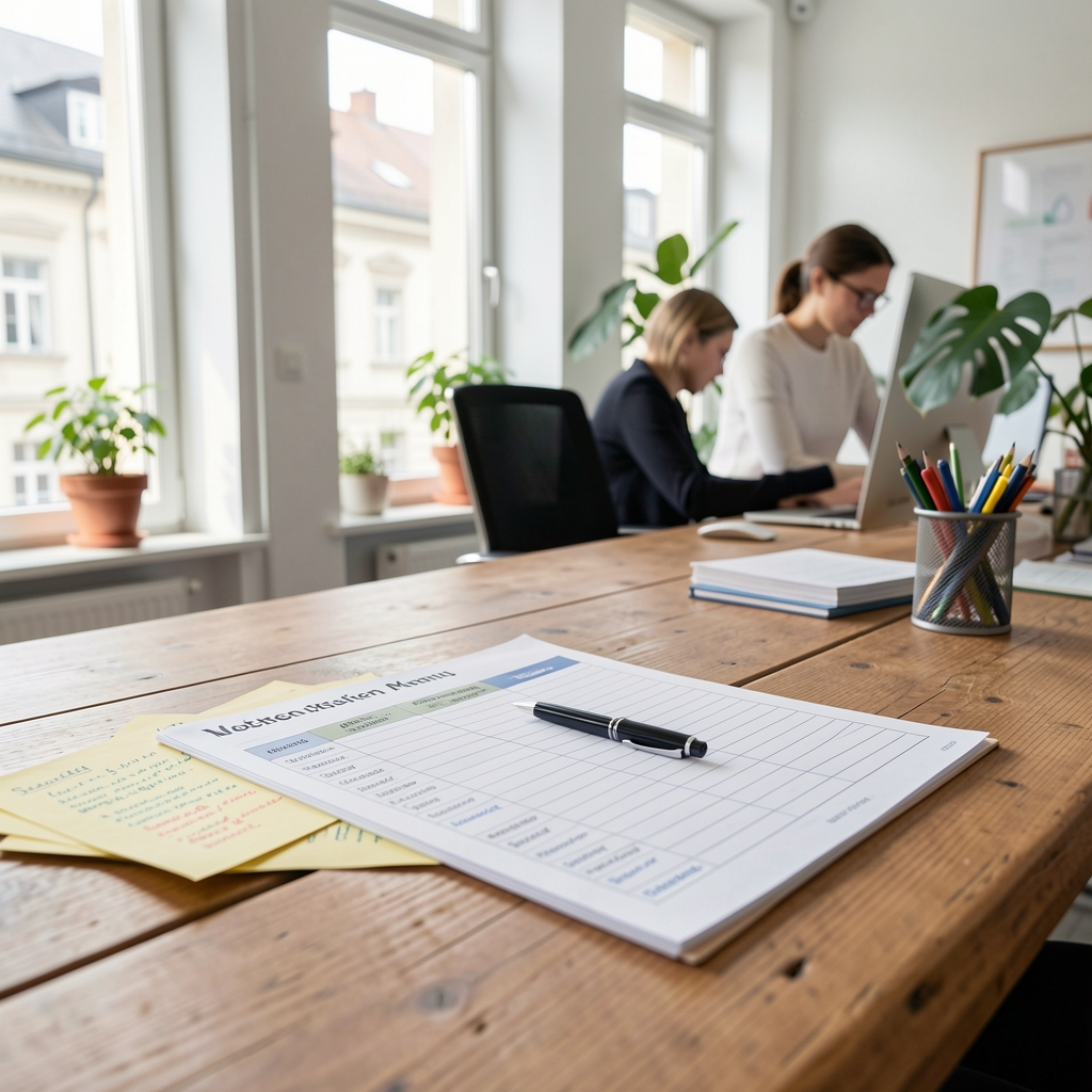 Offenes Notizbuch mit Ernährungsnotizen und einem Wochenmenüplan auf einem Holztisch in einem hellen Büro in Zürich
