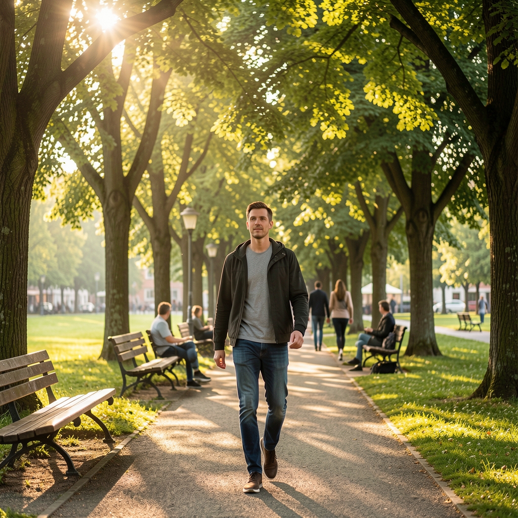 Person beim Spaziergang in einem Zürcher Park, Sonnenlicht filtert durch Bäume, aktiver Lebensstil im Alltag