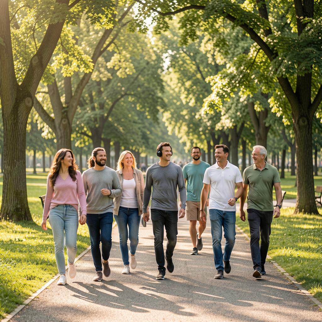 Gruppe von Menschen beim gemeinsamen Spaziergang im Park bei sonnigem Wetter, moderate Bewegung und aktiver Lebensstil
