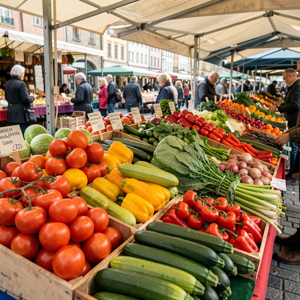 Marktstand mit frischem Saisongemüse in leuchtenden Farben, Tomaten, Zucchini und Paprika auf einem Wochenmarkt in Zürich